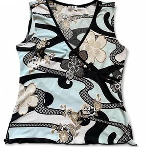 VTG y2k Floral Asian Inspired Sleeveless Top Medium Harajuku Wrap Style Print